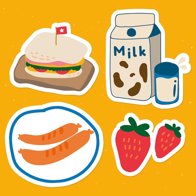 Leuke voedsel doodle sticker met een witte rand set vector