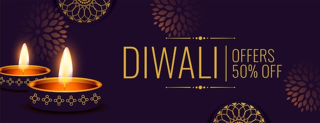 Gratis vector leuke vrolijke diwali-festivalverkoopbanner met olielampontwerp