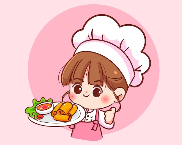 Leuke vrouw chef-kok met gebakken loempia's aziatisch eten hand getekende restaurant logo cartoon kunst illustratie Premium Vector