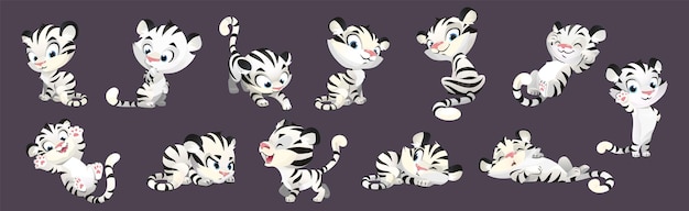 Gratis vector leuke witte tijger baby cartoon vector tekenset