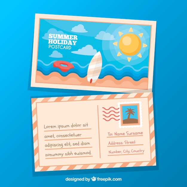 Leuke zomer strand briefkaart in platte ontwerp