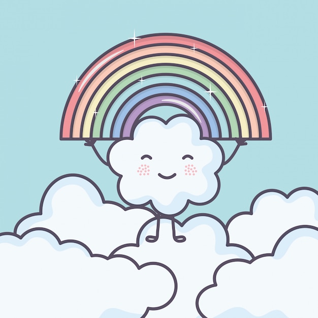 Gratis vector leuke zomerzon en wolken met regenboog kawaii karakters