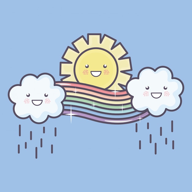 Gratis vector leuke zomerzon en wolken regenachtig met regenboog kawaii karakters