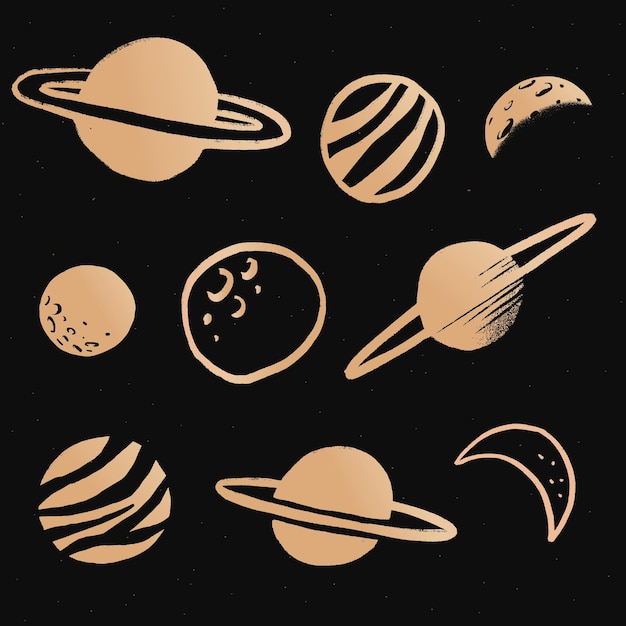 Leuke zonnestelsel gouden galaxy doodle illustratie sticker