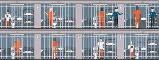 Gratis vector leven in de gevangenis gevangenen achter de tralies politie binnenshuis interieur mensen in oranje uniform
