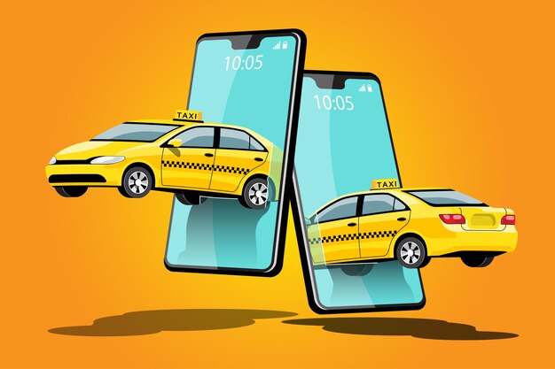 Levering Taxi Online autodelen met stripfiguur en smartphone Slimme stadsvervoerconcept, illustratie