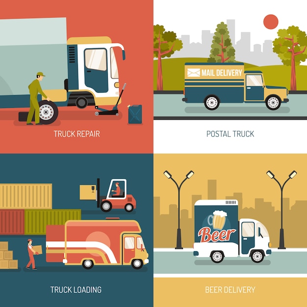 Gratis vector levering trucks 2x2 design concept