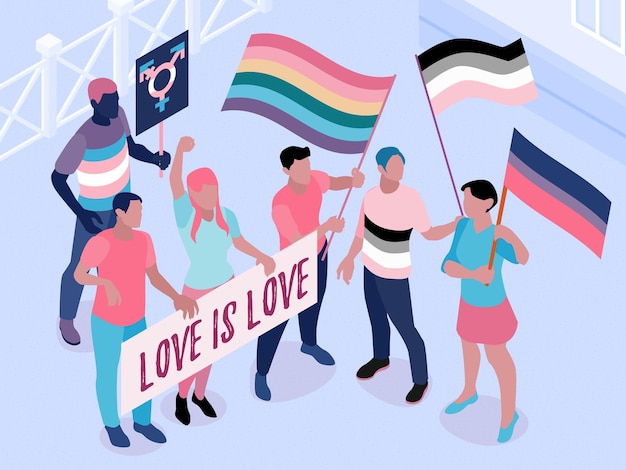 Lgbt-gemeenschap die gay pride-dag viert die regenboogvlaggen zwaait met 3 geslachtsliefdesymbolen banners isometrische vectorillustratie