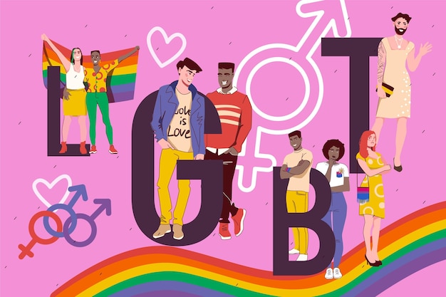 Gratis vector lgbt-gemeenschap felkleurige collage met homoseksuele mannen en vrouwen vectorillustratie