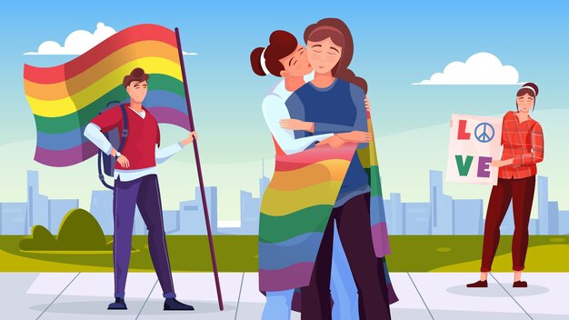 Lgbt-gemeenschap platte achtergrond met jonge mensen die vlag houden in kleuren van regenboogillustratie