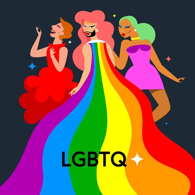 LGBT-meisje met lange regenboogkleurige jurk op de vloer.
