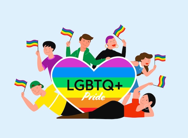 Lgbt-trots maand concept vectorillustratie met mensen en groot hart