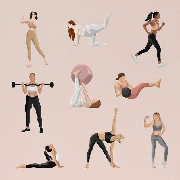 Lichaam en geest vector workout illustraties set voor vrouwen