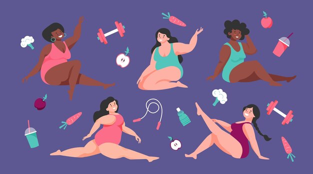 Lichaamspositieve pictogrammenset met geïsoleerde afbeeldingen van lichte halters voor voedselgymnastiek en plus-size vrouwen vectorillustratie