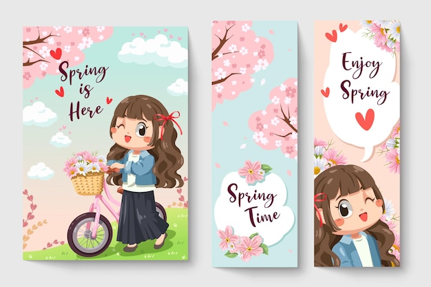 Lief meisje fietsen in de lente thema illustratie voor kindermode kunstwerken