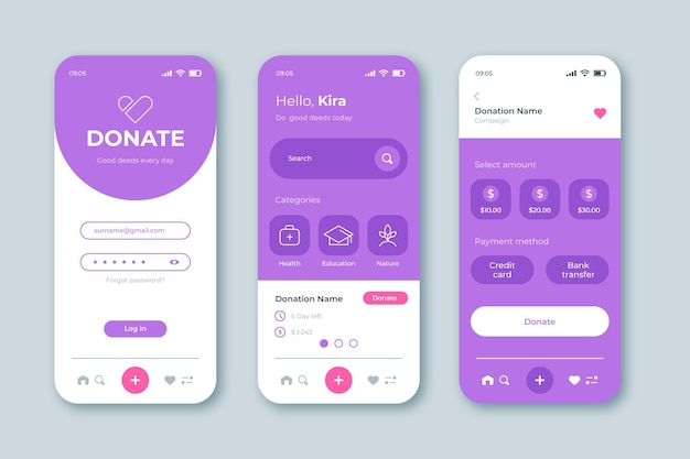 Gratis vector liefdadigheid app-interface concept