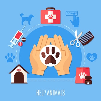 Liefdadigheidssamenstelling met silhouetpictogrammen van hondenpugmarks en pictogrammen van veterinaire medicijnen en menselijke handen