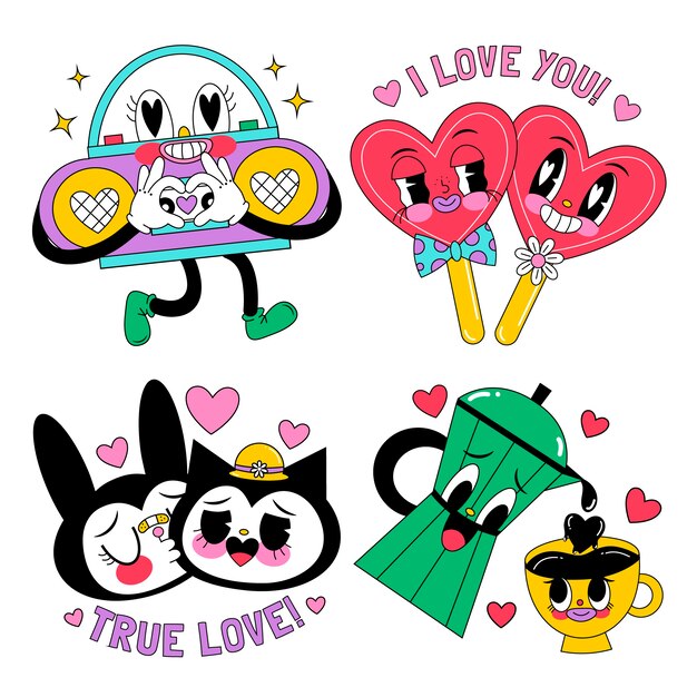 Liefdesstickers in cartoonstijl