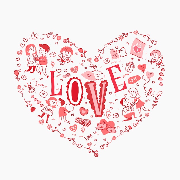 Gratis vector liefdetekst in een hart vol met mooie doodles