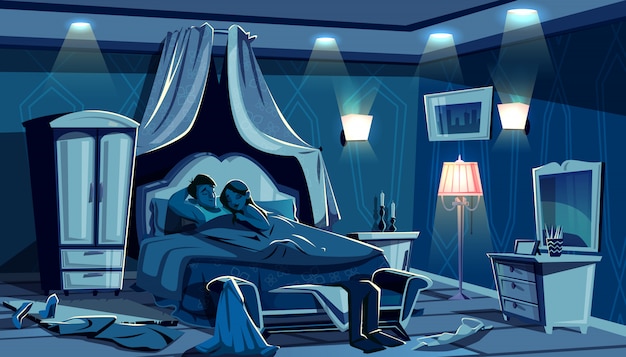 Liefhebbers slapen in bed illustratie van de nacht slaapkamer met verspreide kleding in passie haast.