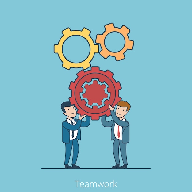 Gratis vector lineaire flat business mensen met tandwielen teamwork concept.