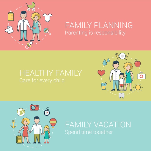 Gratis vector lineaire flat family and parenting set website hero-afbeeldingen. planning, ouderschap, gezonde levensstijl en gemeenschappelijk gezamenlijk vakantieconcept.