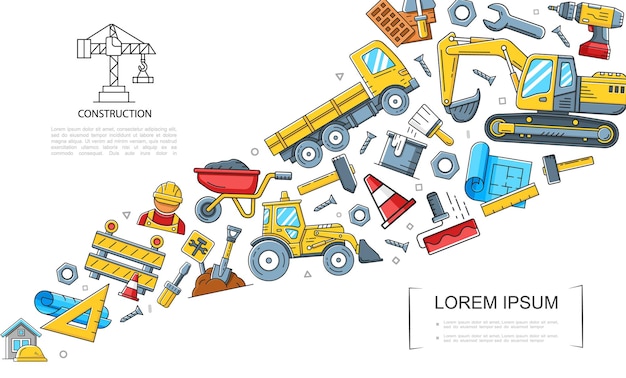 Lineaire kleurrijke bouwconcept met bouwer vrachtwagen trekker graafmachine hamer bijl schop boor roller borstel liniaal trolley moersleutel illustratie