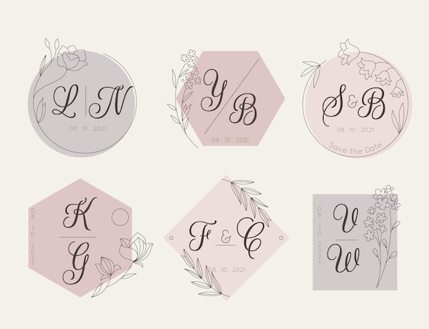 Gratis vector lineaire platte bruiloft monogram set