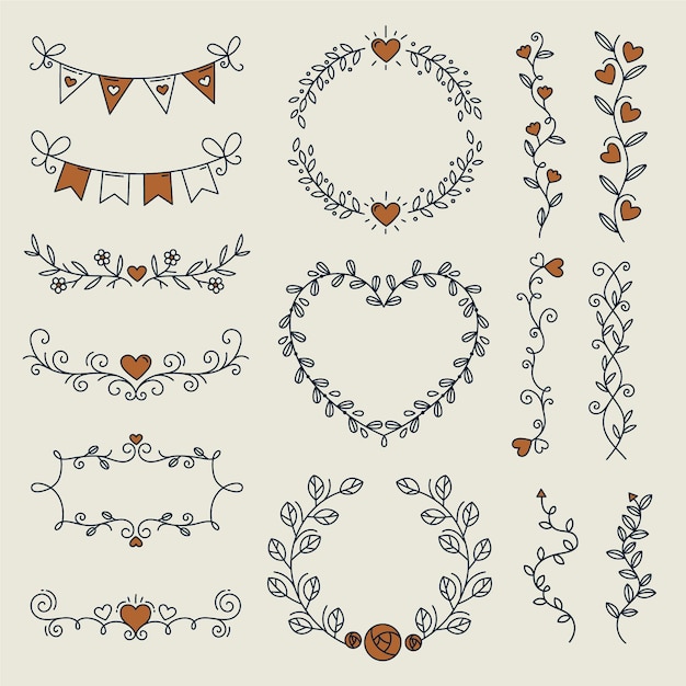 Gratis vector lineaire platte bruiloft ornamenten set