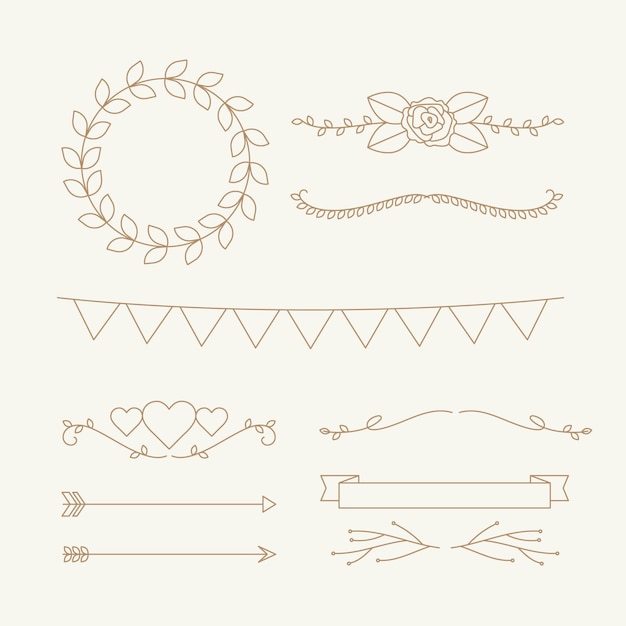 Gratis vector lineaire platte bruiloft ornamenten