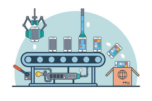 Lineaire platte smartphones op transportbanden met firmware- en software-illustratie. Mobiele telefoonproductielijn en verpakkingsconcept.