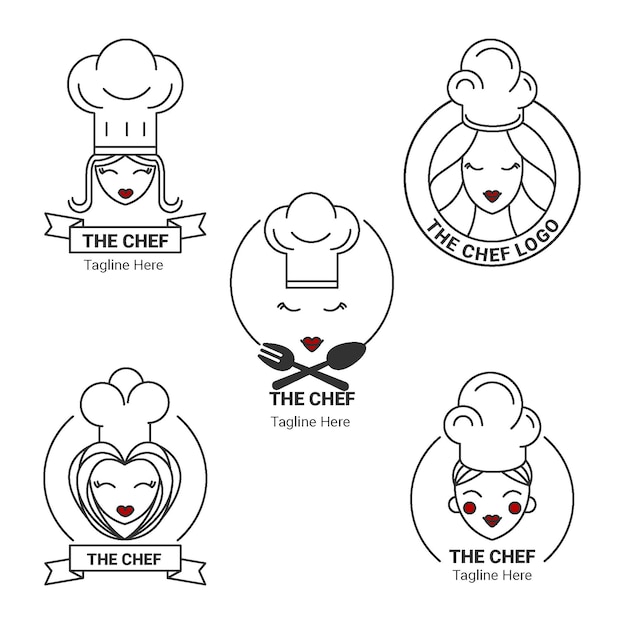 Lineaire platte vrouwelijke chef-kok logo-collectie