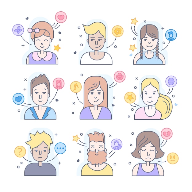 Linear flat people faces icon set. sociale media avatar, userpic en profielen.