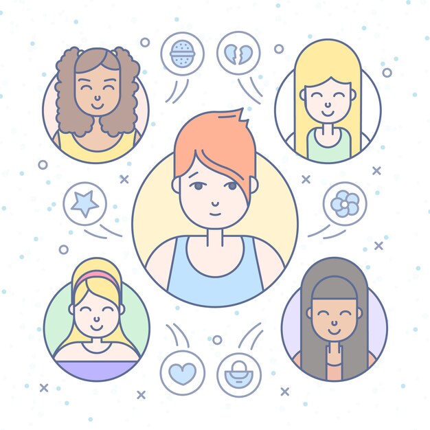 Linear Flat people faces icon set. Sociale media avatar, userpic en profielen.