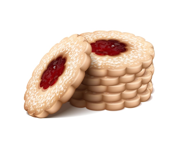 Linzer-koekjes in een stapel Kerstkoekjes met rode aardbeienjam Geïsoleerd op witte achtergrond