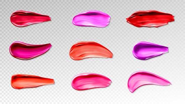 Lipstick-stalen uitstrijkjes van vloeibare lipgloss voor make-up