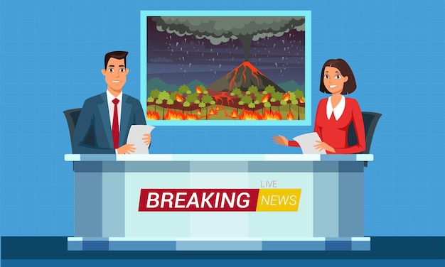 Gratis vector live breaking news tv-studio-interieur met karakters van tv-nieuwsprogrammapresentatoren