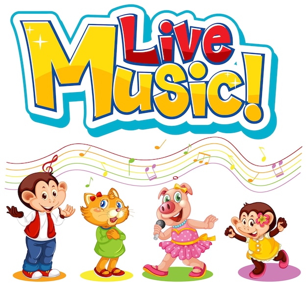 Live music-logo met schattige dieren die zingen