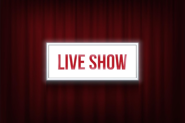 Live Show gloeiend teken illustratie live show banner Nieuws radio en televisie uitgezonden glanzende neon lichtbak op rode gordijn achtergrond record studio klassieke theater achtergrond