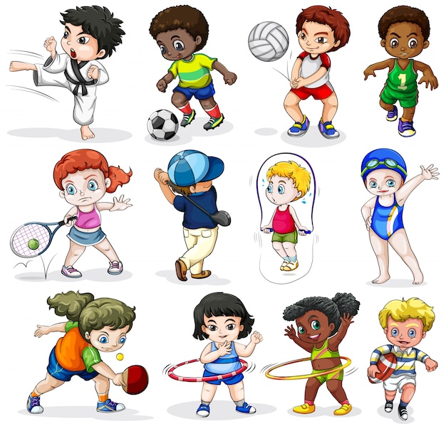 Lllustratie van de kinderen die zich bezighouden met verschillende sportactiviteiten op een witte achtergrond
