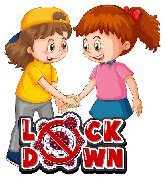 Gratis vector lock down-lettertype in cartoonstijl met twee kinderen houdt geen sociale afstand geïsoleerd op een witte achtergrond