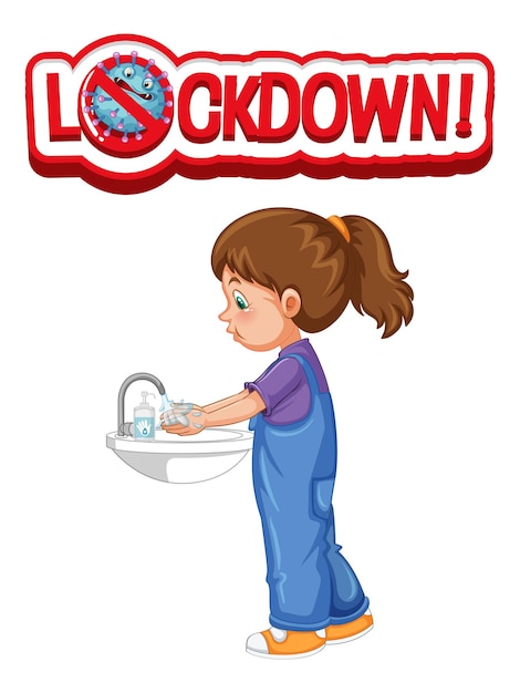 Gratis vector lockdown-lettertypeontwerp met een meisje dat haar handen wast op een witte achtergrond