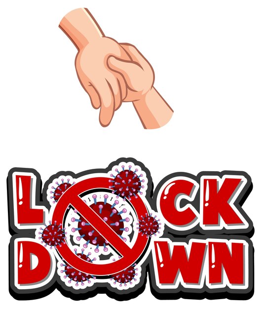Lockdown-lettertypeontwerp met virusverspreiding door handen schudden op witte achtergrond