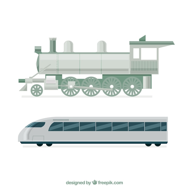 Locomotief en moderne trein in vlakke vormgeving