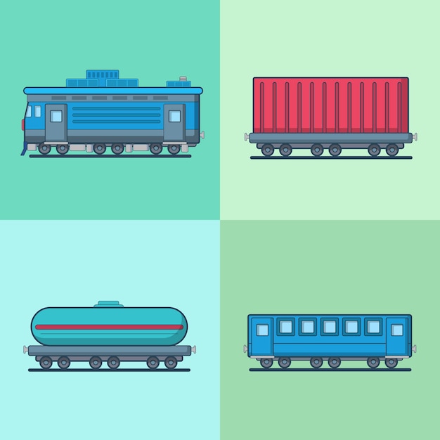 Gratis vector locomotiefrijtuigrijtuig cisterne spoorbaan transportset.