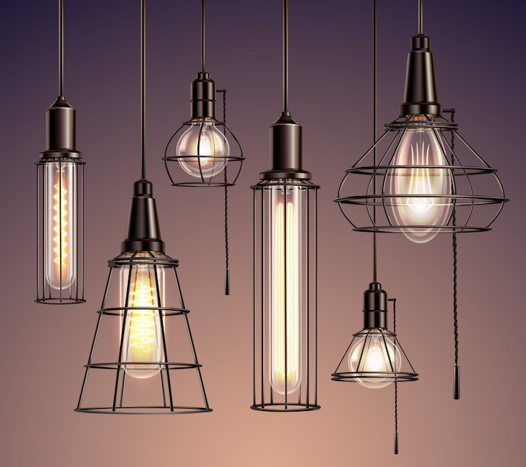 Gratis Vector loft edison vintage metalen draadkooi hangende zachte gloeiende lampen verschillende vormen realistische set
