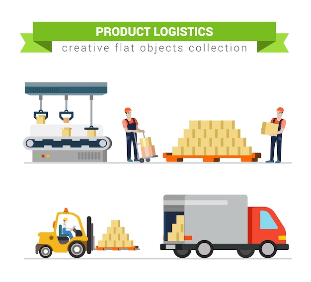 Logistiek krat productpakket bezorgdienst werknemer transport in proces ingesteld plat modern concept. Laadproces voor palletwagens. Creatieve mensencollectie.