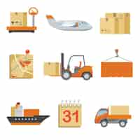 Gratis vector logistiek pictogrammen instellen in vintage vlakke stijl. truck en verzending, vracht en transport, levering van dozen.