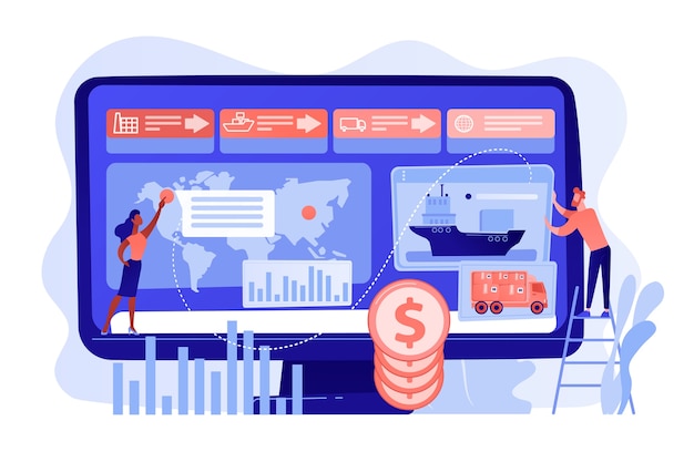 Logistieke industrie en vrachtwinstanalyse. supply chain-analyse, gegevens van transportproviders, optimalisatieconcept voor transportkosten. roze koraal bluevector geïsoleerde illustratie