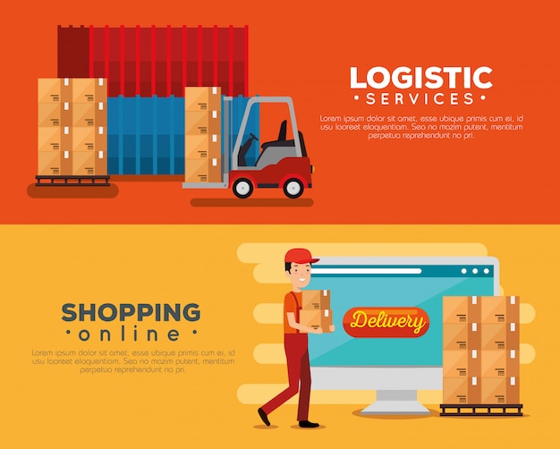 Logistieke services met banner set bezorger